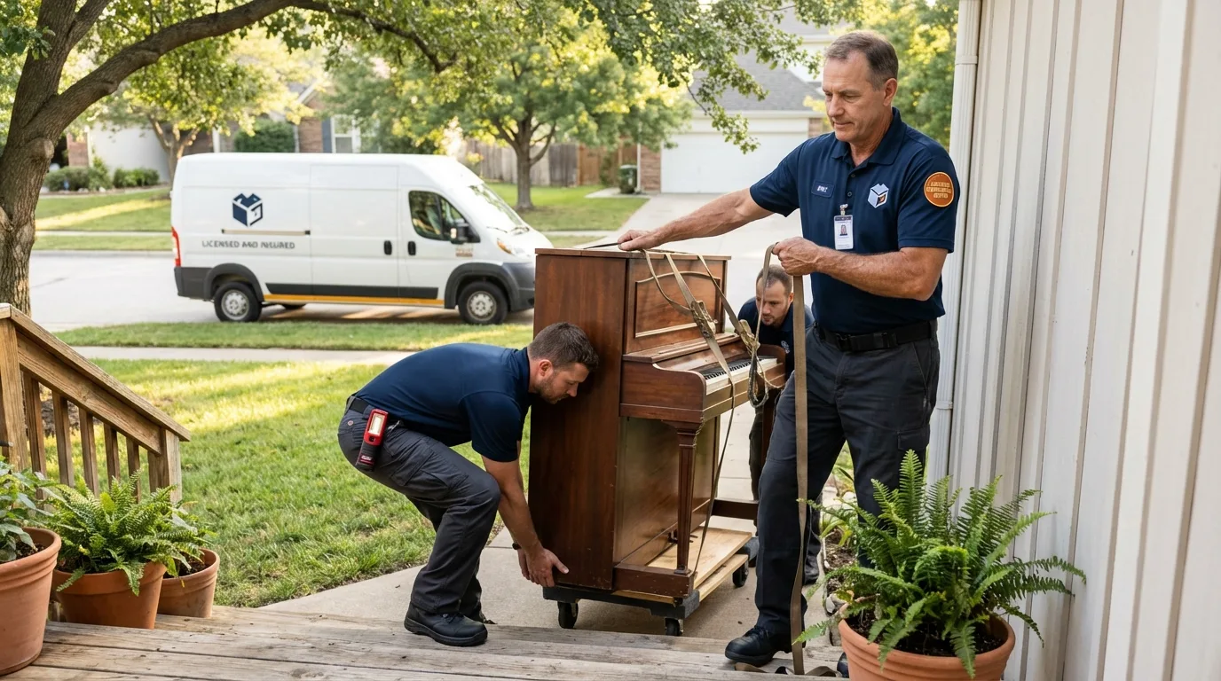Licensed piano movers securing grand piano in Delhi, NY