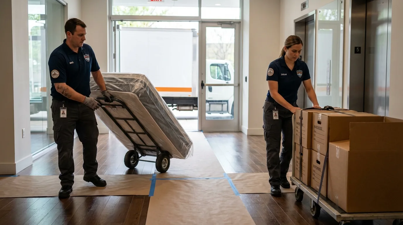 Professional apartment movers loading elevator in Delhi, NY