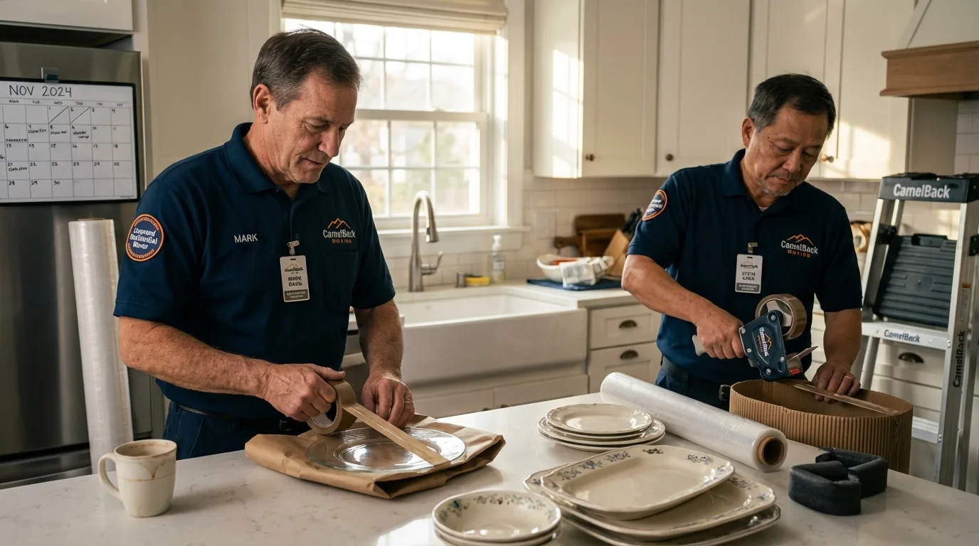 Professional crew packing kitchen dishware in Delhi, NY